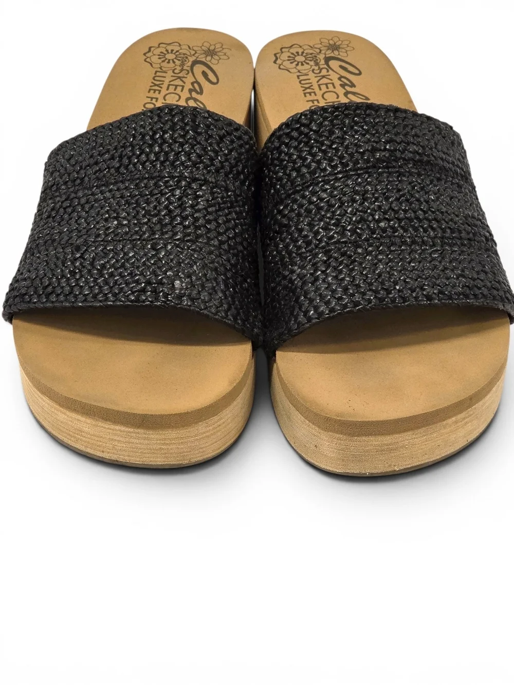 Cali from Skechers Luxe Foam Black Woven Wedge Sandals - Size 8 EUC